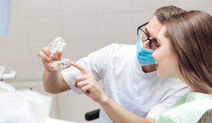 a dentist explaining dental implants in Wichita Falls